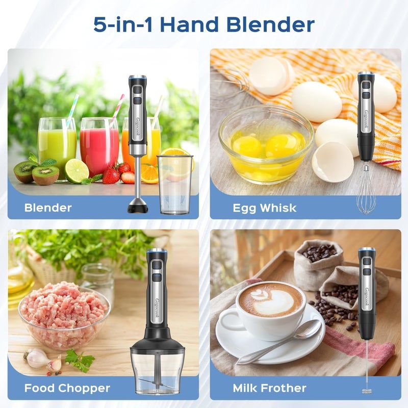 Gogocook Immersion Blender 5 in 1 Hand Blender, Electric Blenders Max 1000W Heavy Duty Motor, 21 Speed & Turbo Mode Handheld Blender, Milk Frother, Egg Whisk, 800ml Beaker, 600ml Chopper Stainless Steel Blades - Image 4